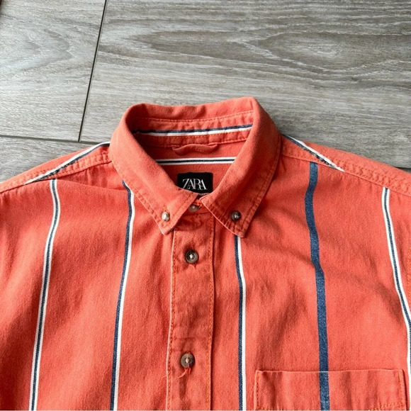 Mens Zara Denim Orange Stripe Button Down  Shirt - Picture 4 of 14
